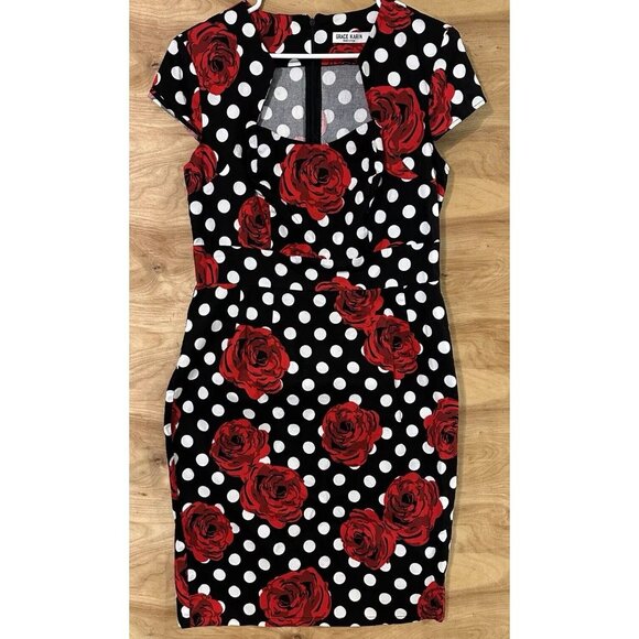 Grace Karin Rose Polka Dot Print Rockabilly Pinup Retro Party Chic Bodycon Dress - Picture 2 of 8